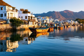 Fototapeta premium Traditional Coastal Settlement with Fishermen's Boats Reflecting in Calm Waters at Sunrise