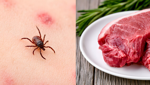 Tick bites from the lone star variety can result in red spots on the skin, connected to an allergy known as alpha-gal syndrome. Seeing raw red meat on a dish indicates a dietary association. Educating