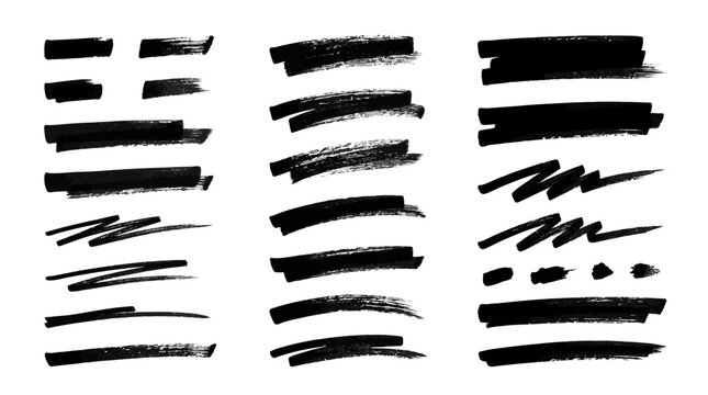 Black highlighter brush stroke lines set for underline banners, dry paint marker stripes, rough grunge ink smears and bold hand drawn highlight elements, Grunge paint lines
