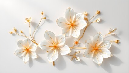 Obraz premium Translucent Washi Paper Flowers with Gold Leaf Veins Isolated on Light Gray Background