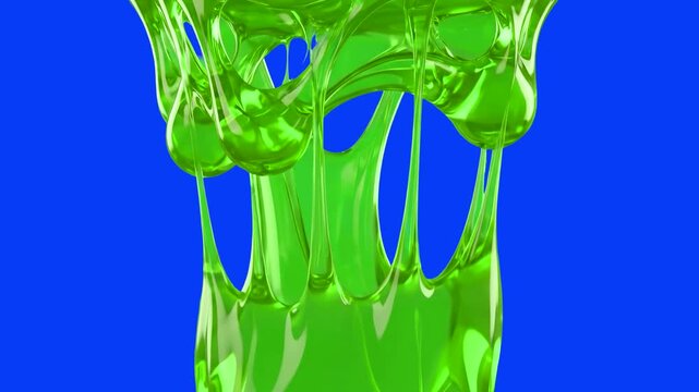 A detailed 3D animation of thick, translucent green slime or viscous liquid dripping downward against a solid chroma key blue screen. This vivid liquid asset is perfect for creative visual effects, sc