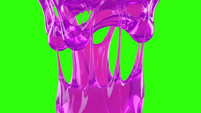 A detailed 3D render of a gooey, glossy magenta pink slime substance slowly dripping and stretching vertically across the frame. Isolated on a solid green background for effortless background keying a