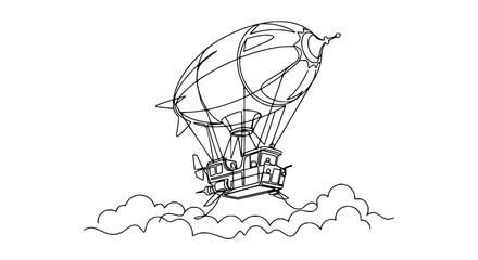 Vintage Airship Blimp Floating Above Clouds, Hand Drawn Line Art Illustration © Free Account