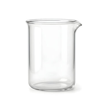 Empty glass beaker on clear surface isolated on white background