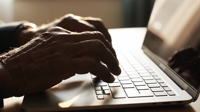 Elderly hands typing on laptop keyboard indoors with dramatic light