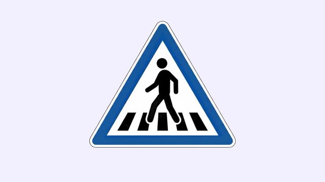 A triangular pedestrian crossing road sign featuring a walking person icon over a zebra crosswalk, isolated on a clean white background. Perfect for educational videos, traffic sign icons, driving tes