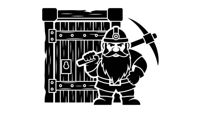 Black and White Dwarf Miner Mascot Illustration with Wooden Mine Door