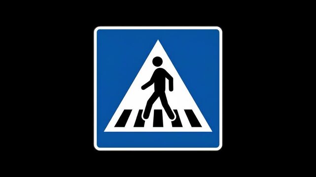 A flat 2D vector graphic of a blue square traffic sign depicting a white triangle with a pedestrian walking on a zebra crosswalk. The motion asset is set against a clean black background for easy vide