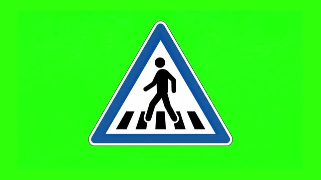 A classic blue triangular pedestrian crossing sign with a black walking figure icon on a zebra crosswalk. The flat vector graphic animation is isolated on a bright green screen background for effortle