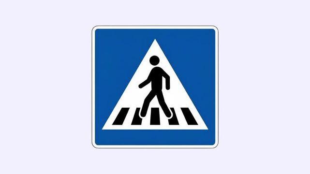 A standard square blue informative traffic sign featuring a white triangle and a black silhouette of a person walking on a crosswalk zebra crossing. The graphic asset is isolated on a clean, solid whi