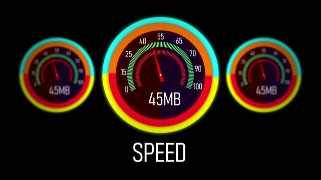 Dynamic digital speedometer interface displaying rapid data transfer rates and network performance metrics with vibrant circular progress gauges for high-speed internet connectivity and tech analytics