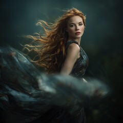 Fototapeta premium Ethereal Red Hair Woman Underwater Teal Fantasy Portrait