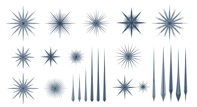 Collection of stylized blue starburst symbols and long pointed icicle elements isolated on a white background for design projects.