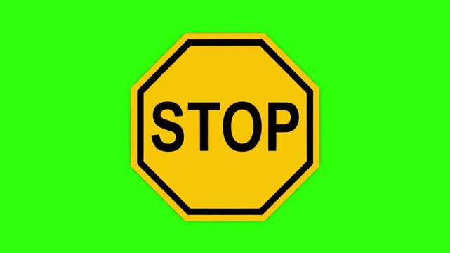 A yellow octagonal Stop traffic sign with bold black text and border, isolated on a solid green chroma key background. Perfect for construction zone warnings, traffic hazard alerts, driving instructio
