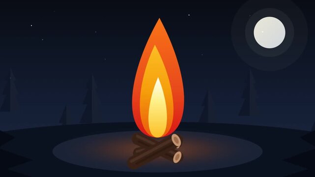 Animated campfire burning on logs in a forest at night under full moon