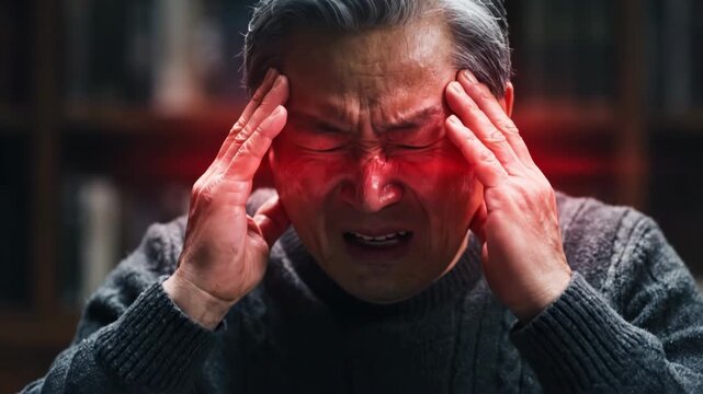 Elderly man with painful headache holding temples indoors