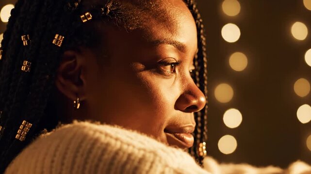 Side profile of Black woman with braided hair and gold beads, eyes closed in warm light. Blurred golden bokeh background highlights facial details and serene expression.