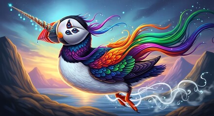 Mythical rainbow bird flying over majestic mountain landscape © Rangga