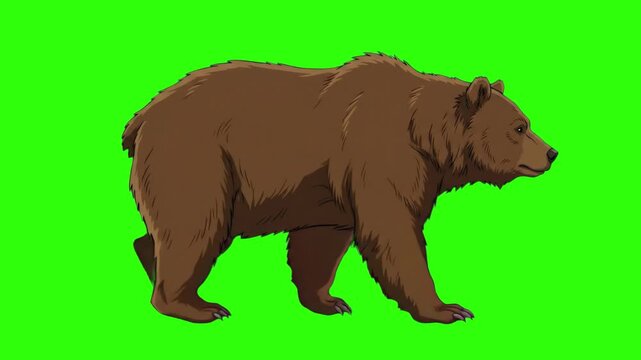 A stylized 2D animated brown bear walks slowly in a seamless side-profile loop. This flat vector animal asset is isolated on a chroma key green screen.