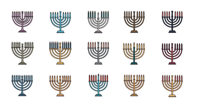 Extensive grid of diverse Hanukkah menorah illustrations in a variety of styles, colors, and candle counts on a white background.