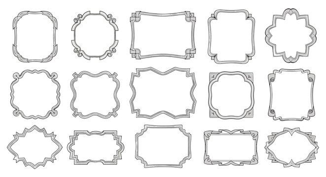 Set of diverse ornate frames and decorative borders in various shapes and vintage styles on a plain white background.