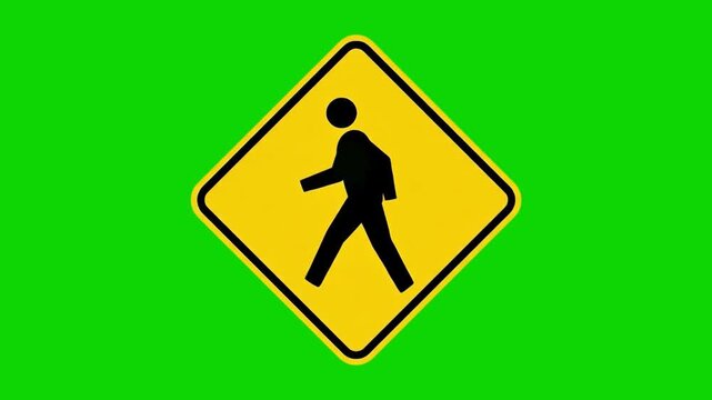 A yellow diamond-shaped pedestrian crossing sign displaying a black walking figure. Placed against a solid chroma key green screen, this asset is optimized for easy keying, making it ideal for integra