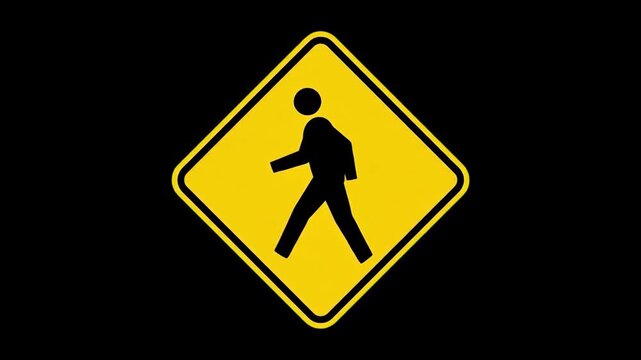 A classic yellow diamond-shaped pedestrian crossing road sign featuring a black silhouette of a walking person with a backpack. Isolated against a solid black background, this high-contrast sign is su