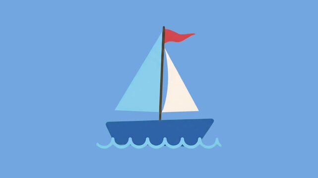 A simple 2D vector illustration of a small blue sailboat with a white sail and a red flag, floating on stylized blue waves against a solid light blue backdrop. Ideal for nautical designs, children's b