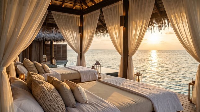 Luxurious overwater bungalow bedroom at sunset overlooking the calm tropical ocean in a private island resort