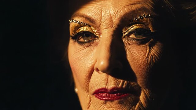 Elderly woman with dramatic gold glitter makeup and red lipstick
