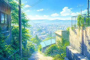 Fototapeta premium 夏の青空と坂道から街並みを望む日本の風景イラスト Sunny Japanese Hillside Stairway Overlooking a City, Summer Scenic Background Illustration with Copy Space