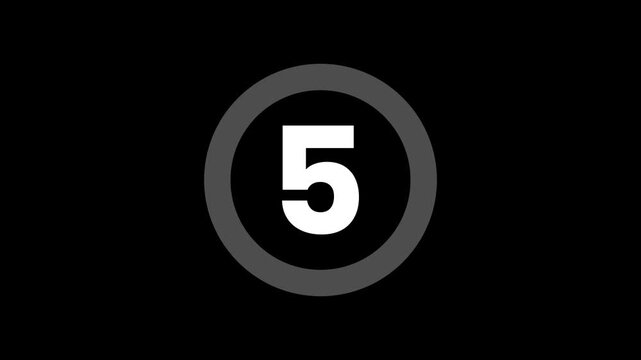 4k modern circular 10-second countdown timer 0 to 5 loop, minimalist progress bar animation on black background for video intros and streams