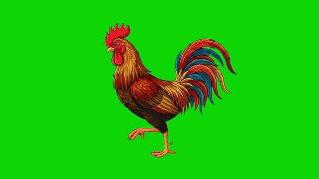 A detailed side-view illustration of a vibrant rooster with red, gold, and blue feathers walking confidently with one foot raised. Isolated against a chroma key green screen, this lively farm bird ass
