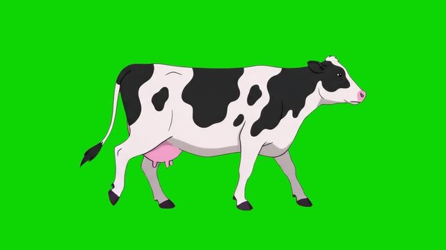 A classic side-view illustration of a Holstein dairy cow with black and white patches walking slowly. Positioned against a chroma key green screen, this essential farm animal asset is ideal for agricu