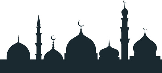 Islamic mosque silhouette skyline, black masjid domes and minarets vector, religious architecture border for Ramadan and Eid Mubarak © yamin678