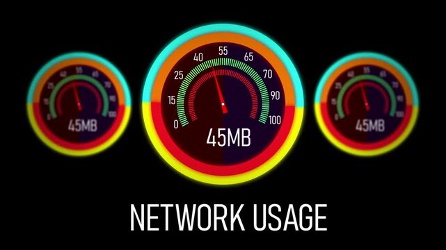 Dynamic digital network usage monitoring interface featuring animated circular speedometer gauges displaying real-time data transfer rates and bandwidth performance metrics for modern technology