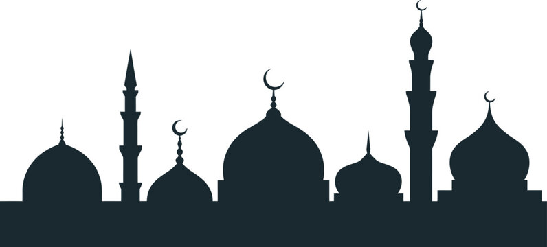 Islamic mosque silhouette skyline, black masjid domes and minarets vector, religious architecture border for Ramadan and Eid Mubarak