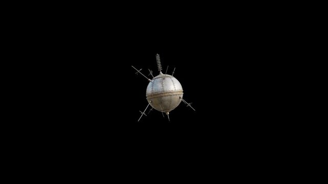 A metallic Sputnik 1 satellite model with its long antennas rotates in a 3D animated loop. This space technology asset is isolated on a solid black background.