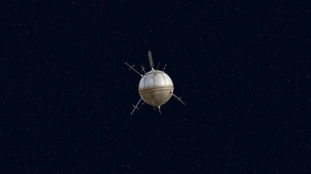 A metallic Sputnik 1 satellite model with its long antennas rotates in a 3D animated loop. This space technology asset is isolated on a solid black background.