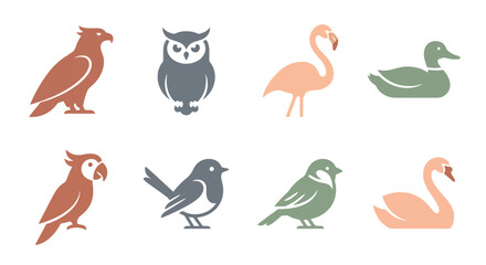 Obraz premium Minimalist bird icons collection featuring owl, eagle, and parrot silhouettes