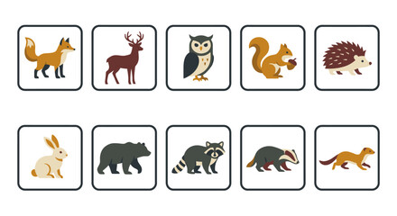 Obraz premium Wild animal vector icons: fox, deer, rabbit, and bear in flat design style for app UI elements.