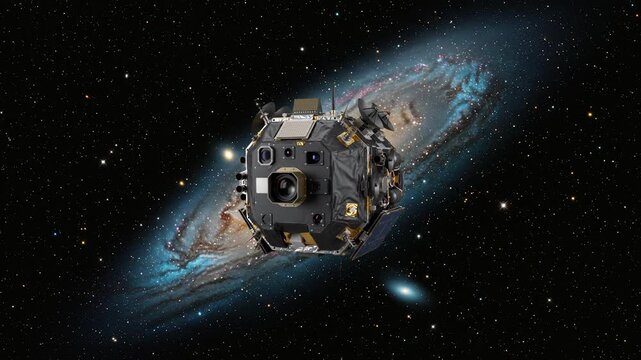A detailed futuristic 3D space probe module or research vessel floating near a bright galaxy, nebula, and starry expanse in deep space. Great for astrophysics presentations, sci-fi movie trailers, spa