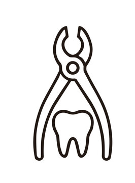 Dental extraction forceps tool holding tooth line art icon
