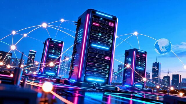 Futuristic server towers with network connections