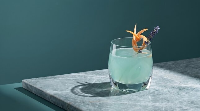 Lavender citrus gin cocktail on marble table with teal background