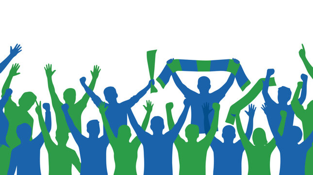 Cheering sports crowd silhouettes celebrating with scarves and raised hands in flat vector for athletic event marketing