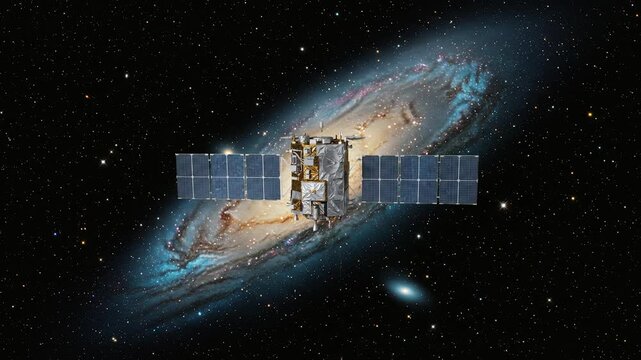 A wide view of a modular satellite with extended solar panels, floating steadily against the backdrop of a bright, glowing spiral galaxy. This cinematic space asset provides a sense of vast scale, per