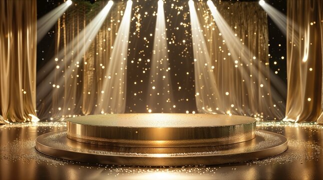 A luxurious golden round podium stands elegantly at the center of a grand stage, serving as the focal point for a premium awards ceremony, exclusive product launch, or high-end brand presentation