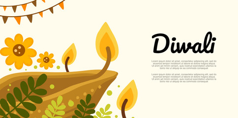happy diwali greeting card hanging decorations and burning diya © foxndeer