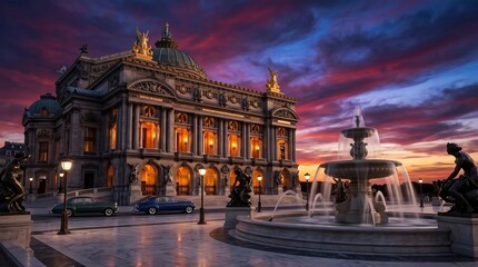 Fototapeta premium Grand Opera House and Fountain at Sunset with Vintage Cars
